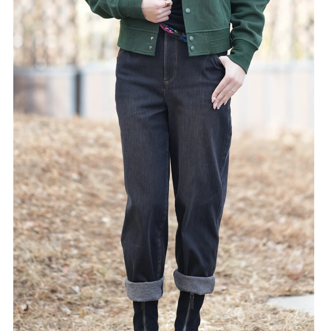 AMASS/阿玛施【黑茶灰】加绒高腰时尚百搭睫毛边哈伦牛仔裤5100324