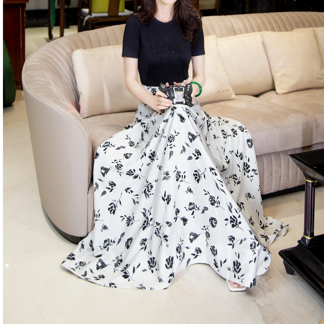 EDFNOT/杨红霞汝意DJ白色印花大摆裙1322