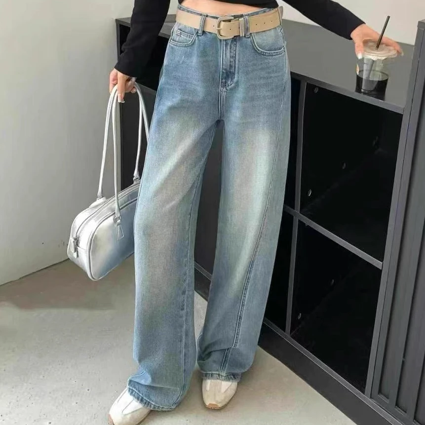 2138#欧货春新款蓝色高腰显瘦拖地直筒裤女牛仔裤百搭窄版阔腿裤