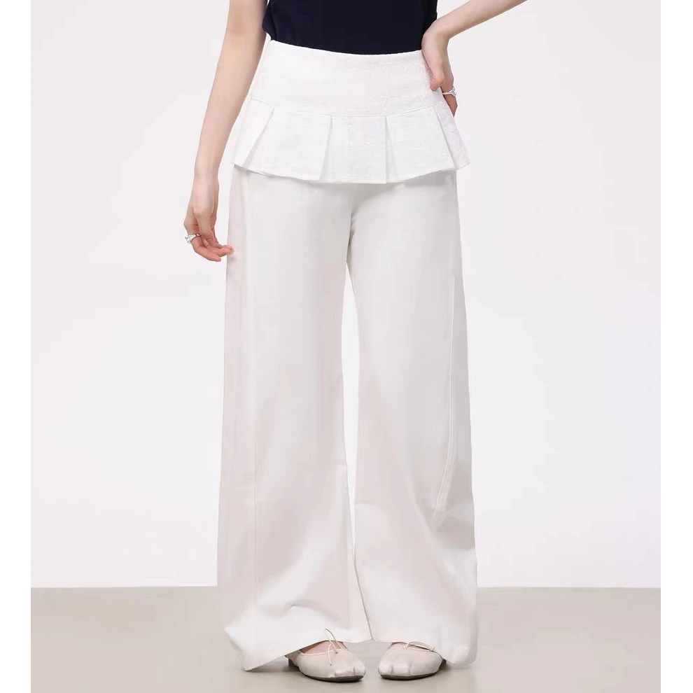 高端货~2026年新品白色裙边屁帘裤假两件阔腿裤女休闲裤弯刀裤子
