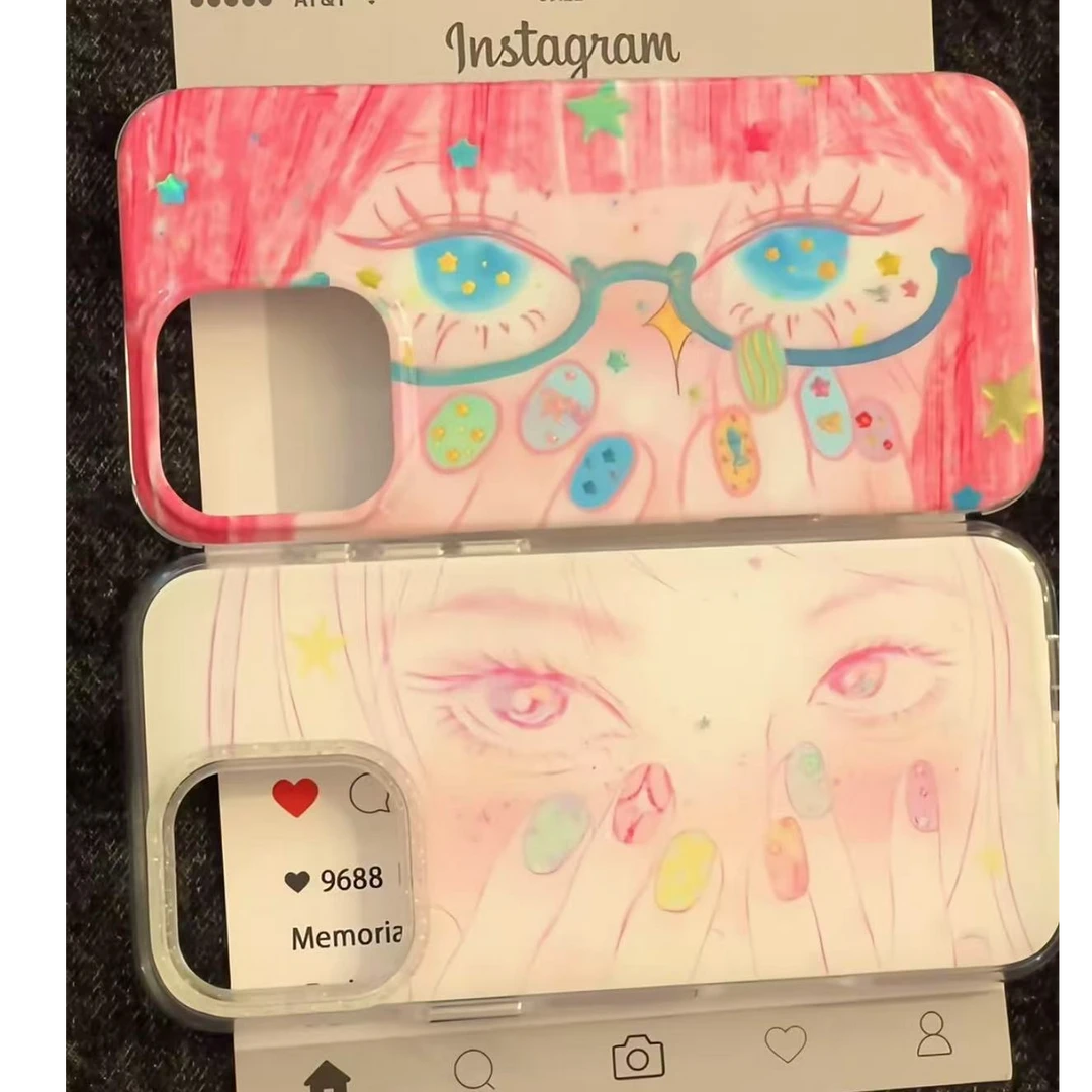 IMD手绘多巴胺大眼美甲细闪鎏金ins动漫适用于苹果16/15/14promax
