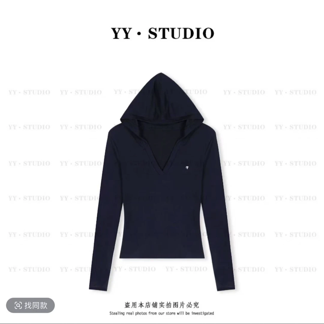 【YANYAN】百搭小马标连帽V领长袖T恤上衣YY-针织