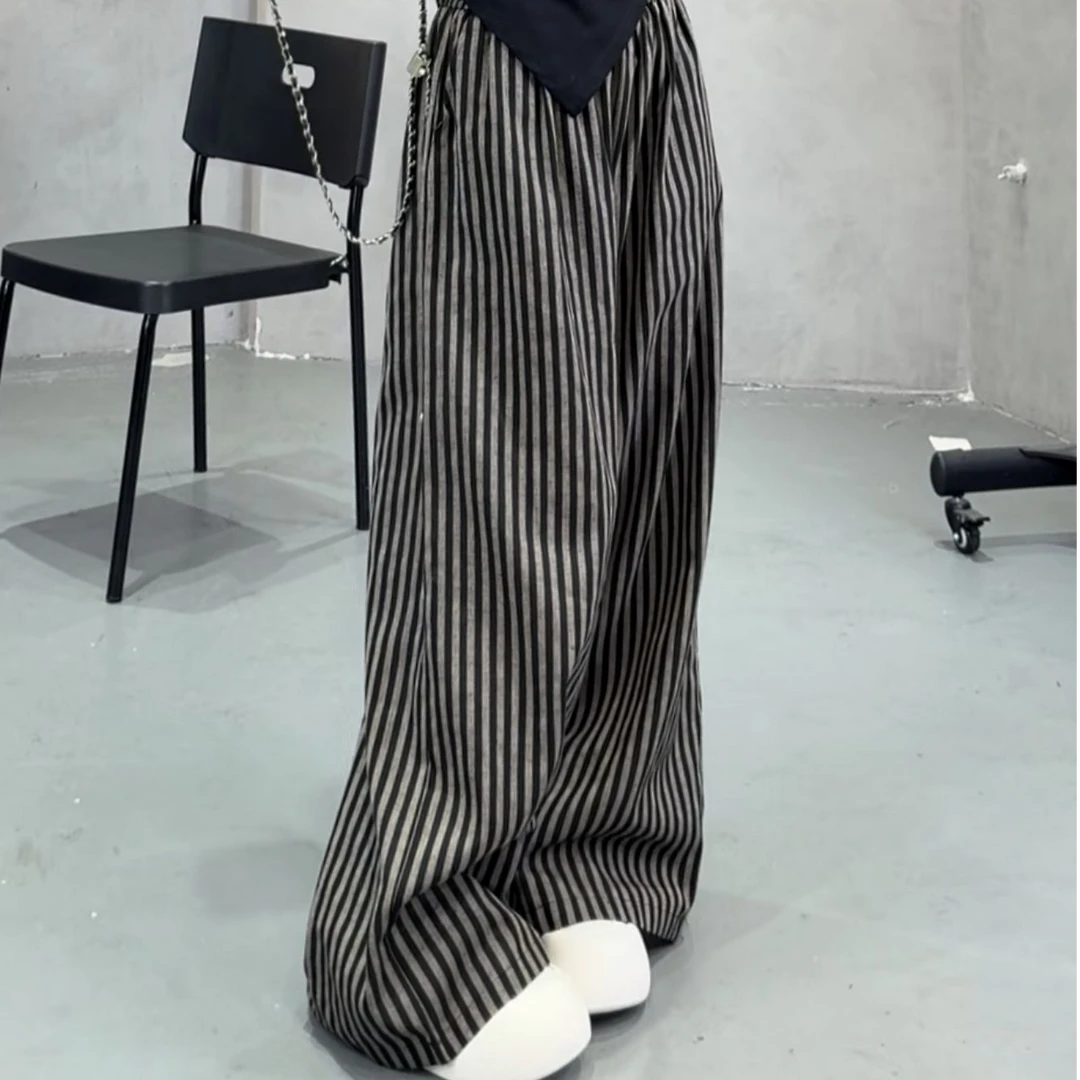 【大7定制】5766#夏款直筒宽松条纹裤松紧腰休闲裤女