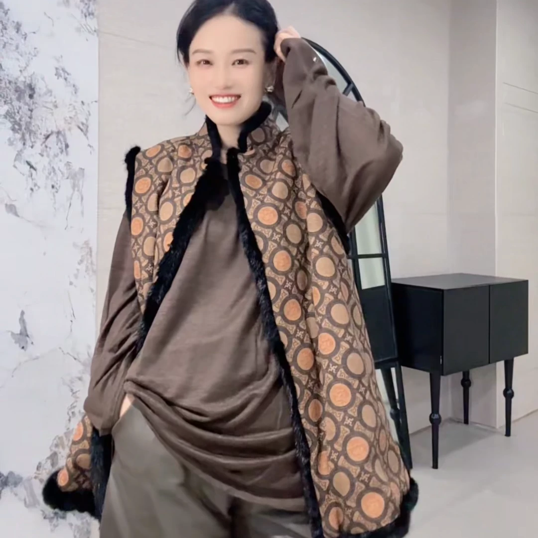 诺谰 桑蚕丝真丝水貂毛两面穿皮草马甲中长款 秋冬貂皮背心25102