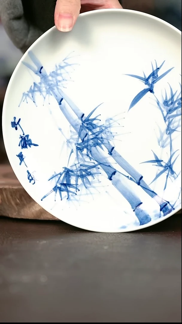手绘 高温现代瓷  气窑   雅竹壶承17.5CM