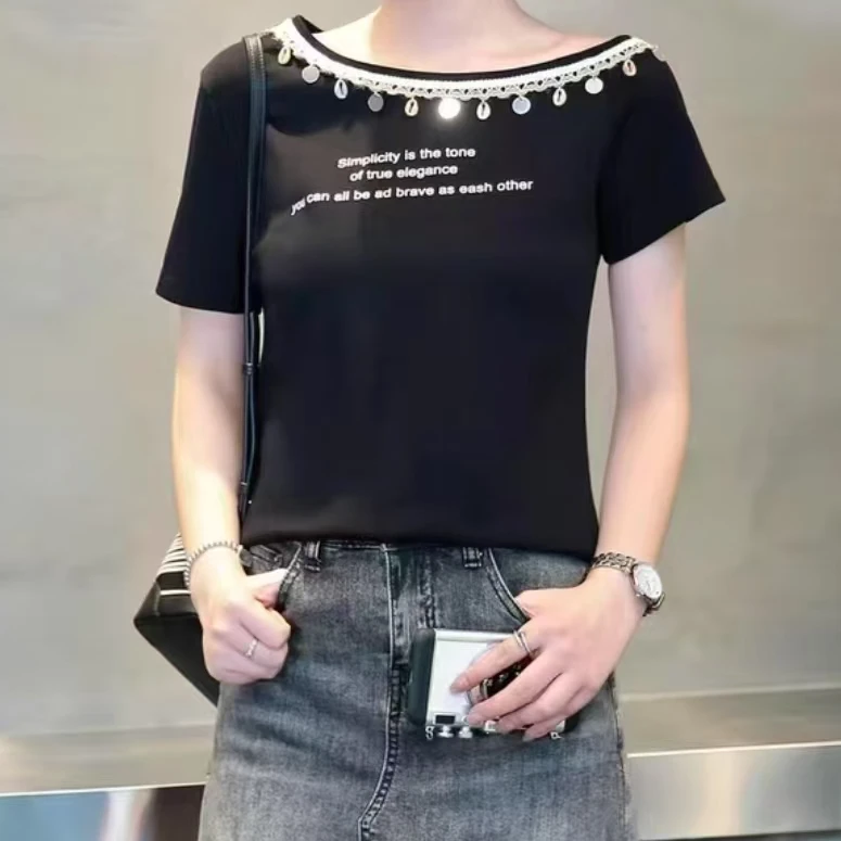【艾萱萱】2612款韩版一字领重工钉珠短袖t恤 约49