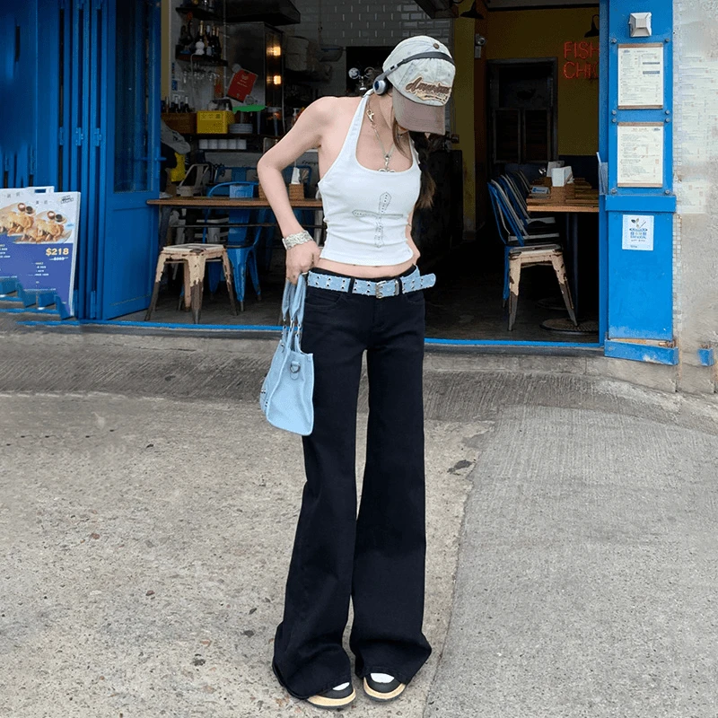 黑色辣妹圆口袋设计微喇牛仔裤女2025秋季低腰修身显瘦直筒喇叭裤