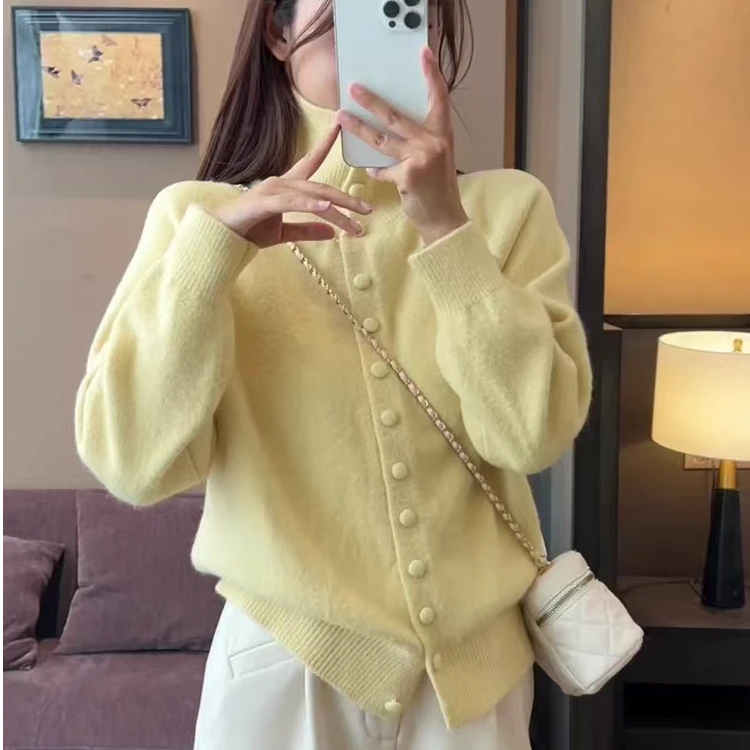 【现货】高领针织开衫女2024秋冬季新款韩系慵懒风高级感宽松毛衣