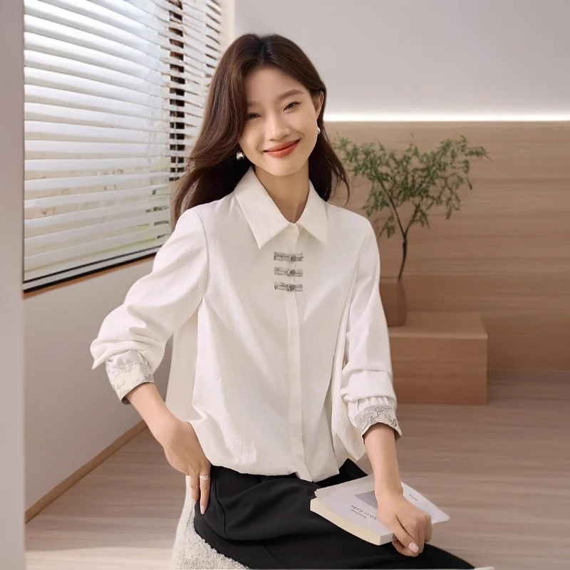 蔻菲图气质长袖新中式上衣衬衫小众春秋宽松拼接不褪色翻领女装