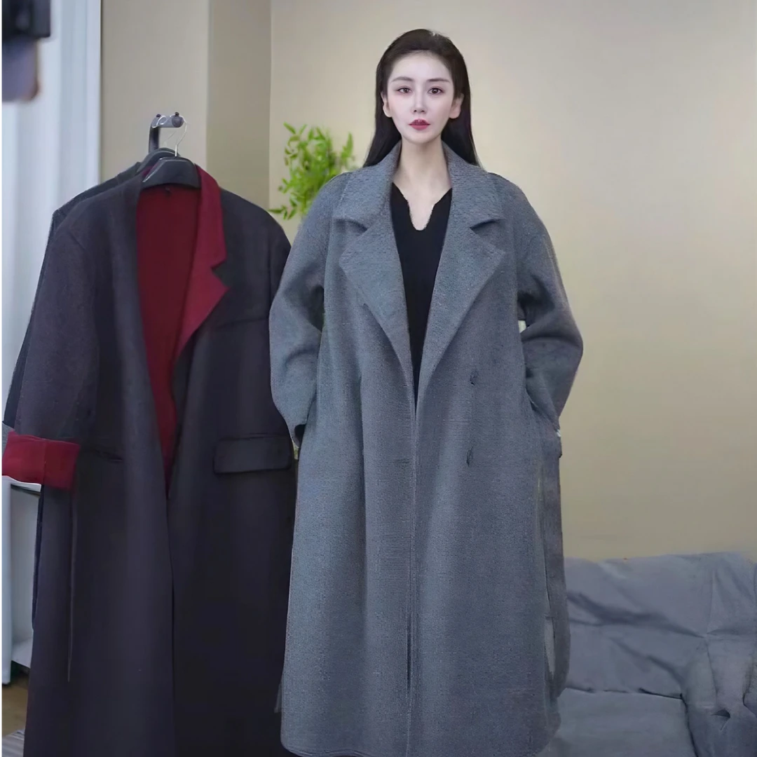 JJ【送围巾】秋冬新款双面羊毛大衣百搭女中长款气质双面绒毛呢外套