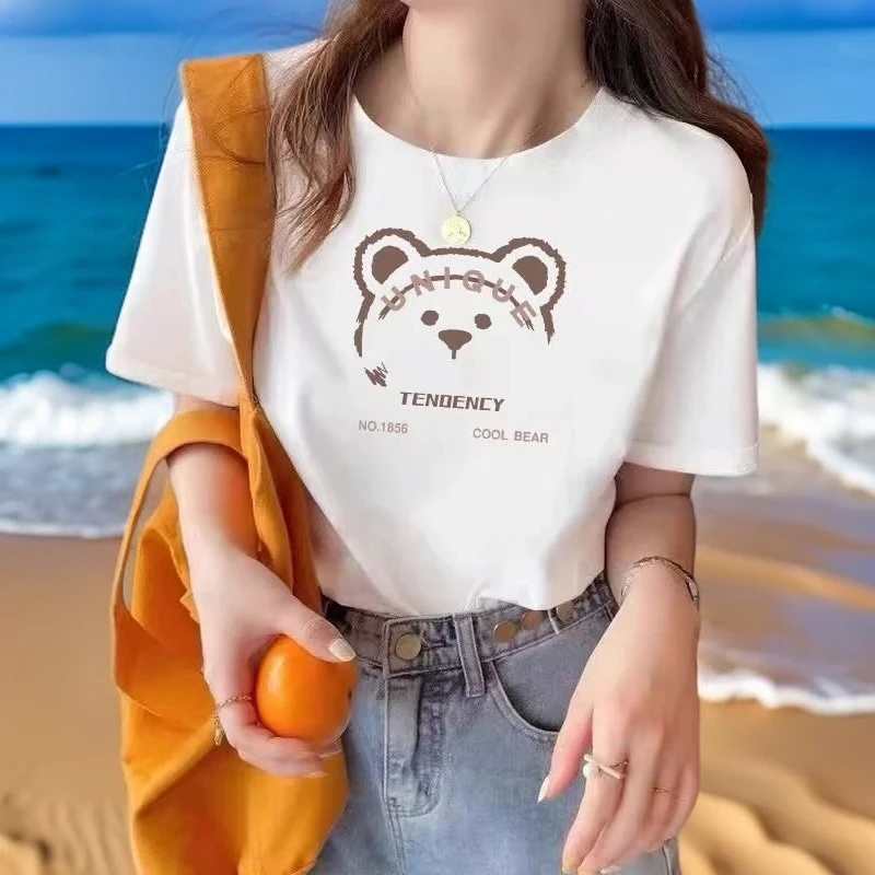 圆领短袖T恤女士夏季韩版半袖小众印花简约休闲白色上衣半袖内搭.