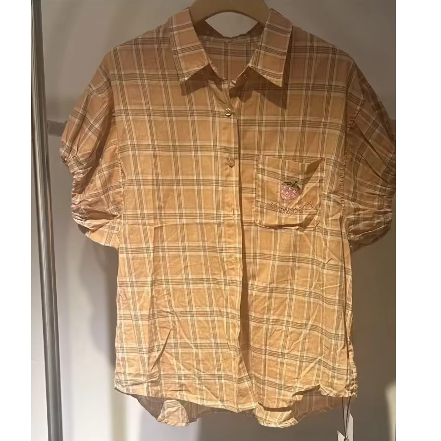 MS4231041Polo领格子短袖衬衫女夏季漂亮小衫法式奶系温柔上衣