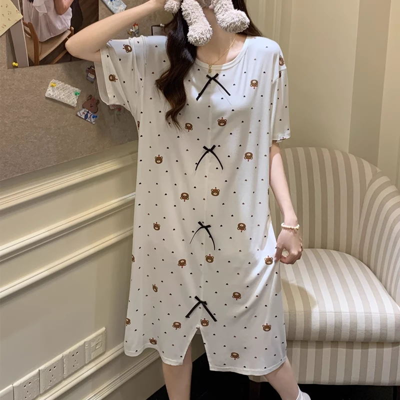 法式睡裙女夏季莫代尔短袖可爱ins风过膝睡衣凉感超仙宽松家居服