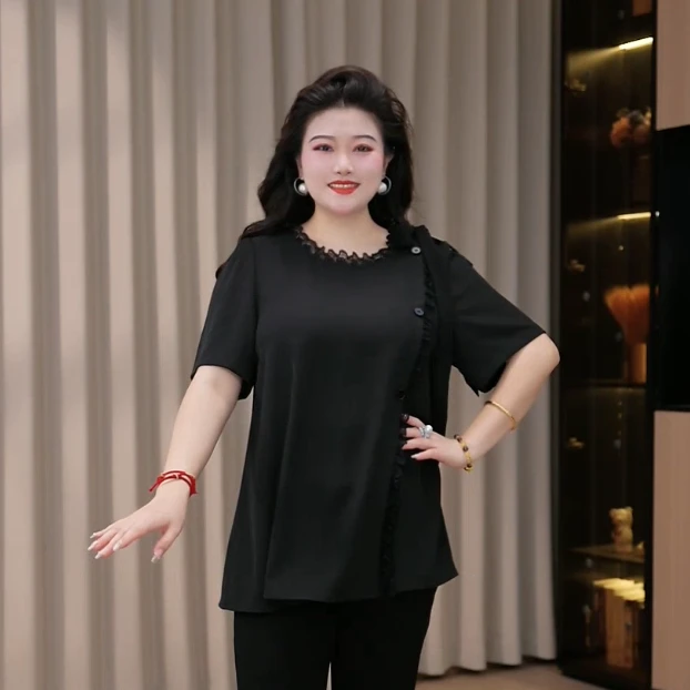胖晶晶定制大码女装夏季新款透气遮肉显瘦百搭优雅气质上衣ZB7376