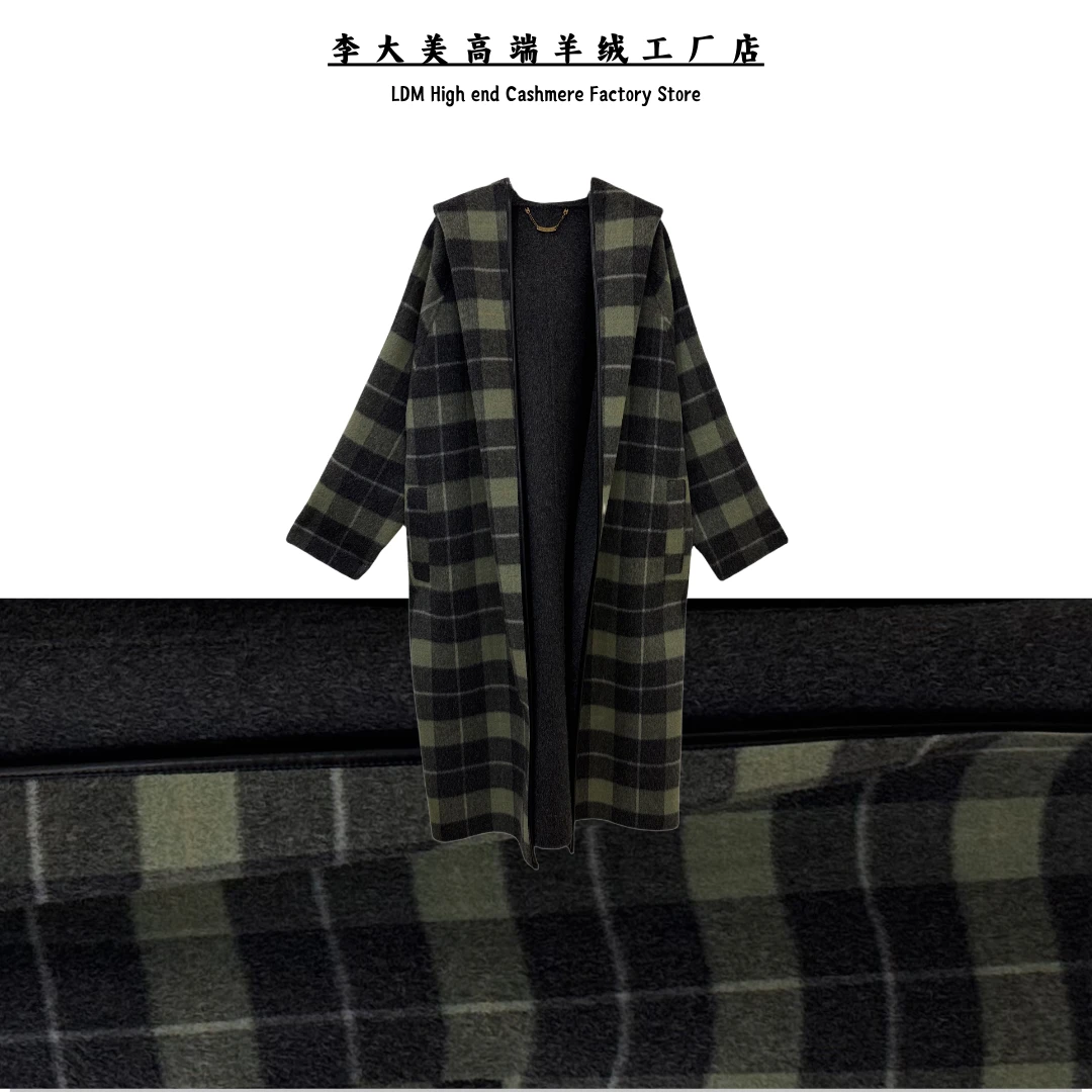 李大美【暮色绿格】韩系复古羊驼毛+绵羊毛系带长款大衣外套9919