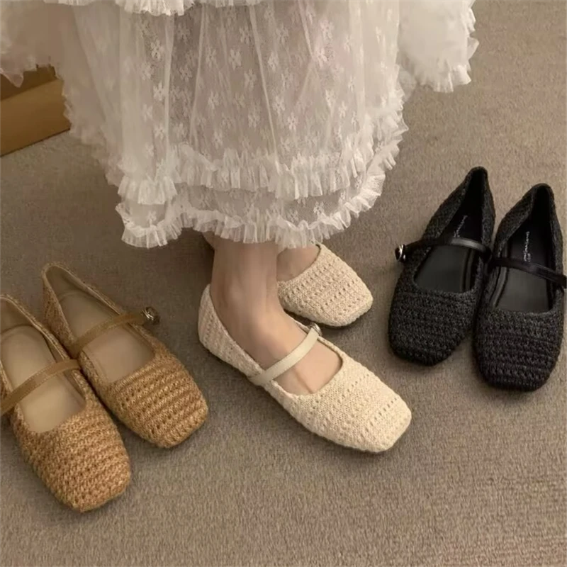 复古仙女风编织玛丽珍鞋女单鞋2025新款镂空草编芭蕾舞鞋软底瓢鞋