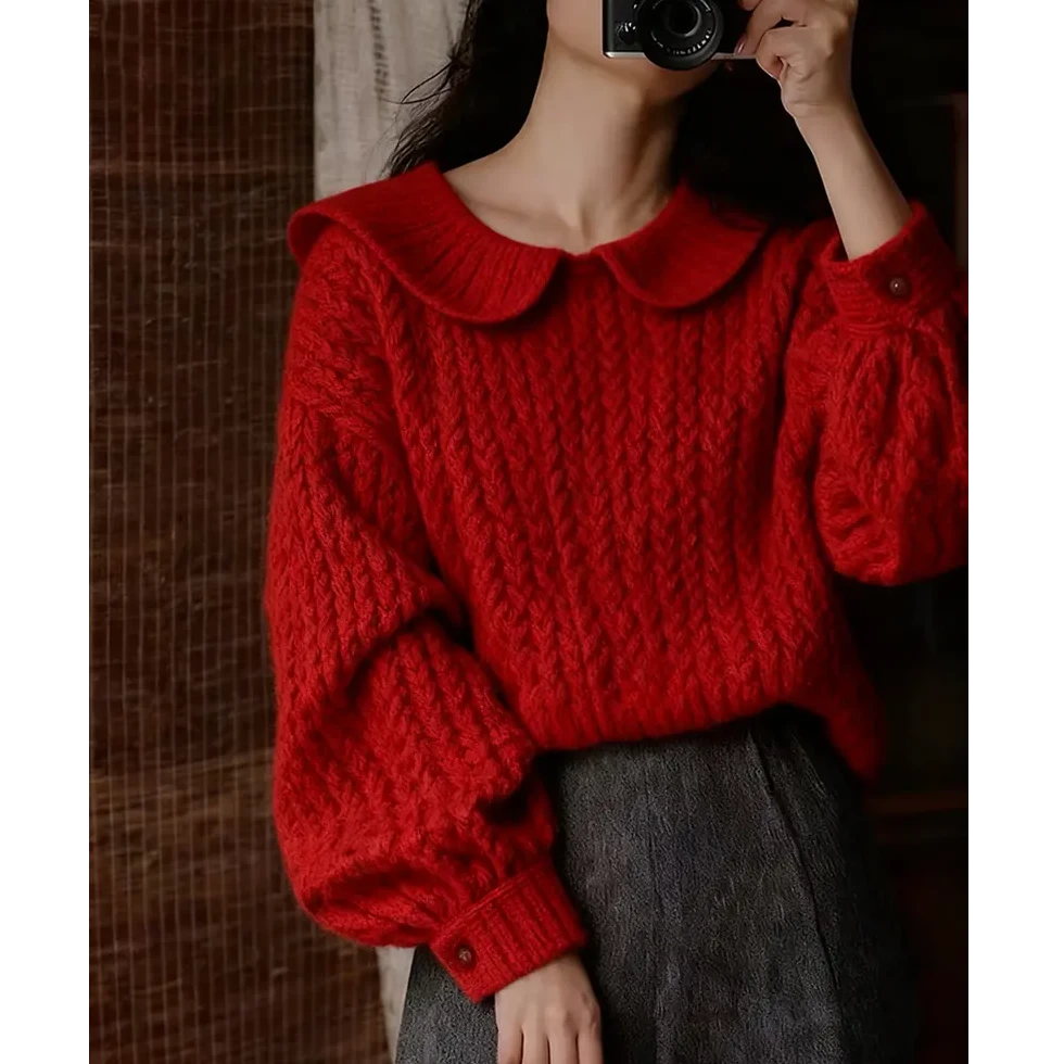 法式多巴胺翻领麻花毛衣开衫女2025秋冬新款高级软糯减龄针织外套