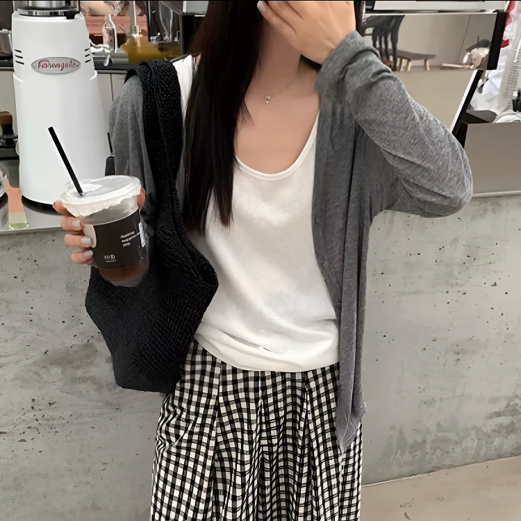 两件套灰色长袖温柔纯欲开衫女夏季空调衫外搭薄款宽松上衣防晒
