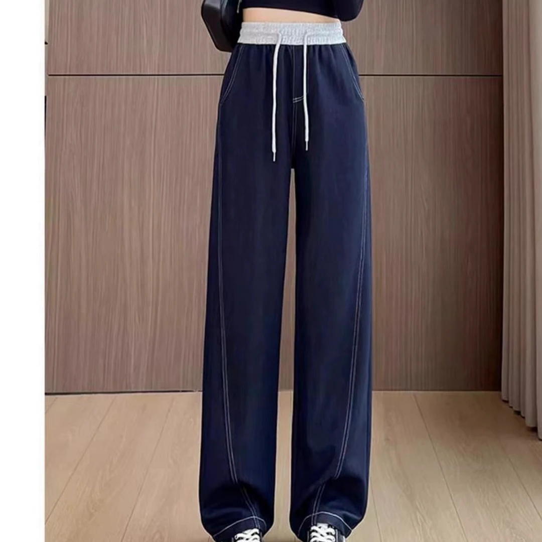 丹宁蓝休闲高腰深裆立体弧形牛仔裤春季宽松显瘦百搭直筒裤春秋