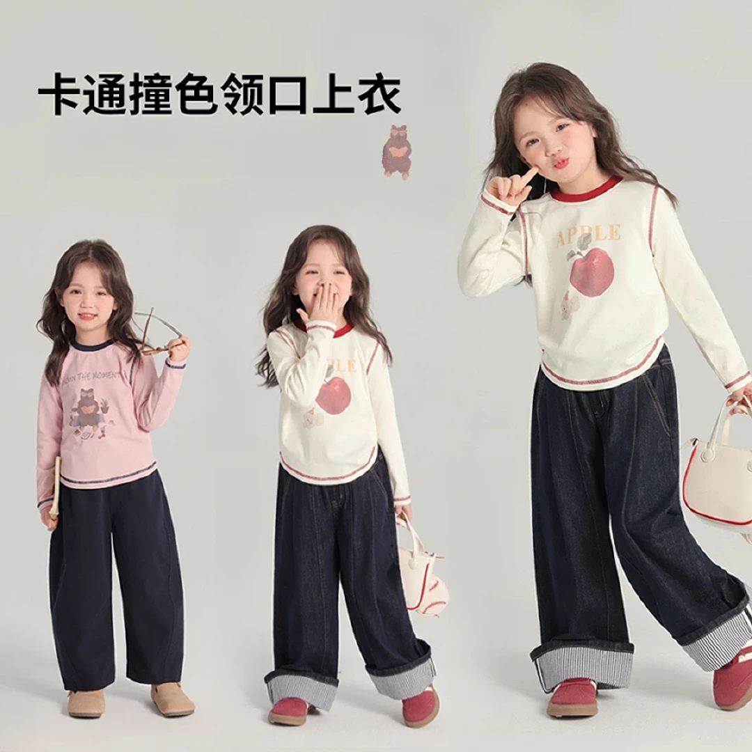 女童长袖T恤韩版拼色圆领百搭上衣春秋新款卡通休闲风