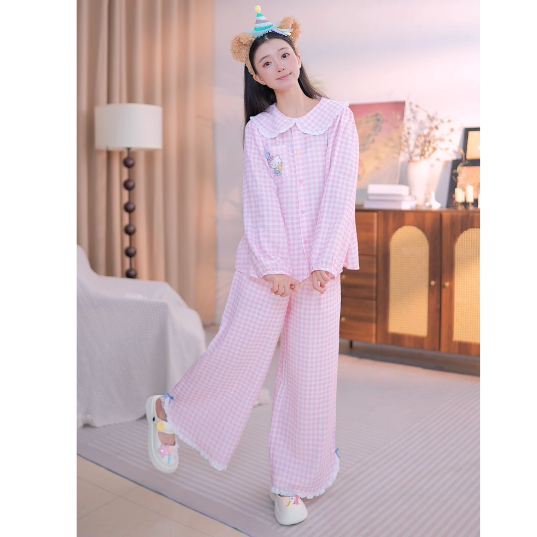 粉格KT糖果娃娃领-b 睡衣女秋款少女家居服秋季直筒裤家居服可外