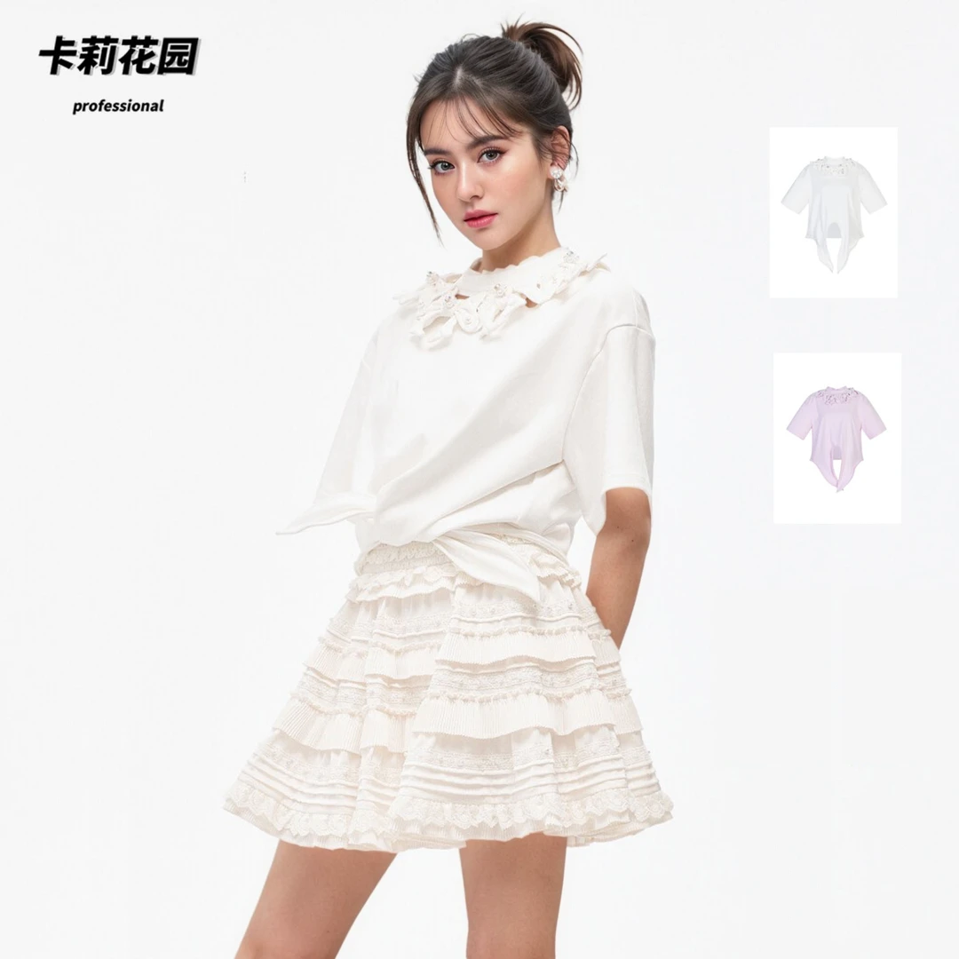 【CG-H】夏季新款时尚蝴蝶结装饰甜美高级感宽松短袖T恤衫