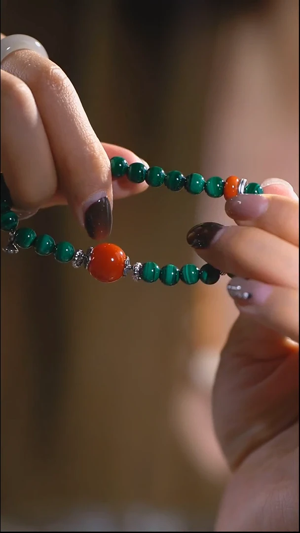 银S925镀金镶嵌孔雀石手链孔雀石单圈