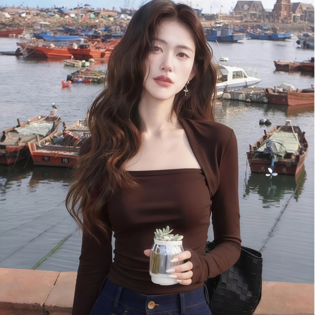 韩系秋冬季穿搭独特漂亮咖色方领小衫内搭打底长袖t恤洋气上衣女