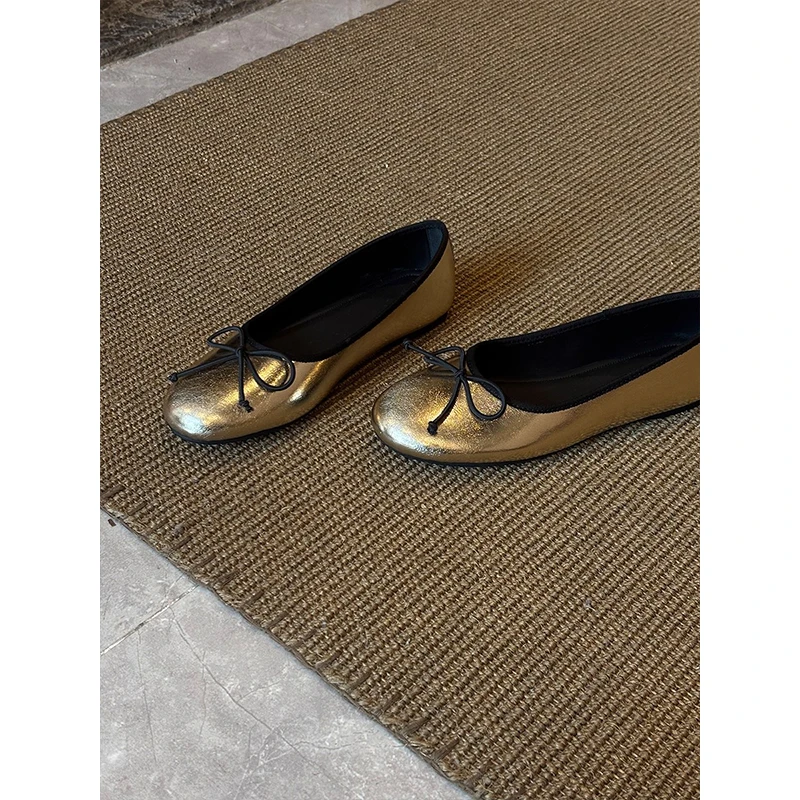羊皮版~复古圆头平底单鞋女2025年金色蝴蝶结芭蕾鞋一脚蹬奶奶鞋