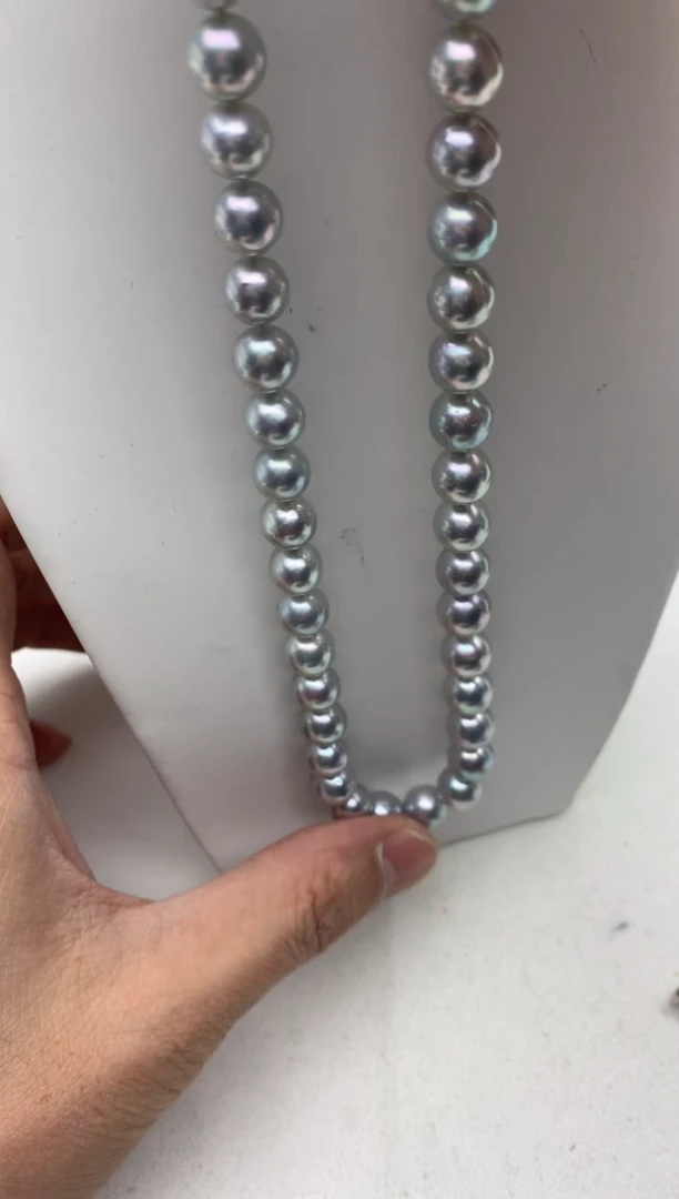 银S925镶嵌ff海水珍珠akoya灰银蓝珠串链8~9mm