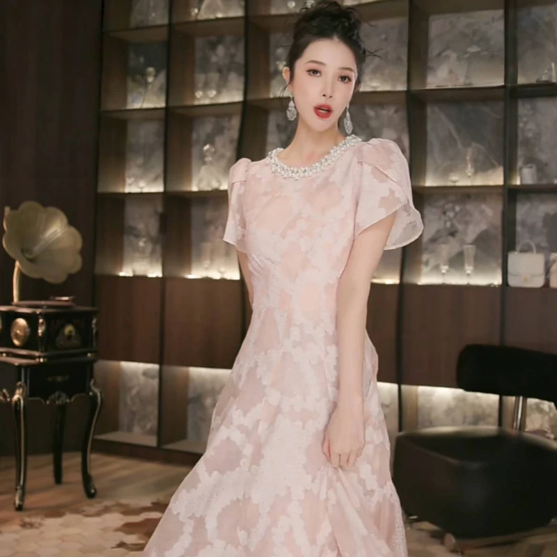 45202 Z夏季新款法式气质名媛高级感重工钉珠收腰显瘦连衣裙长裙