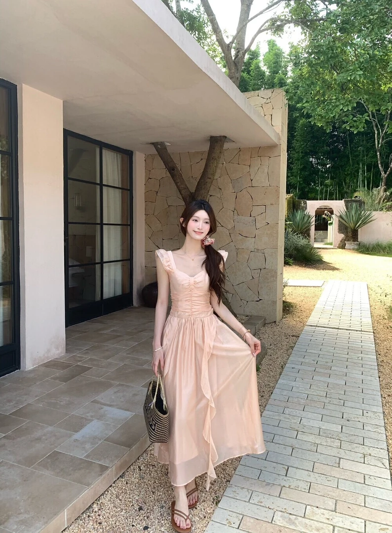 JIAHUI纯欲高腰仙女风长裙温柔风飞飞袖A字裙连衣裙