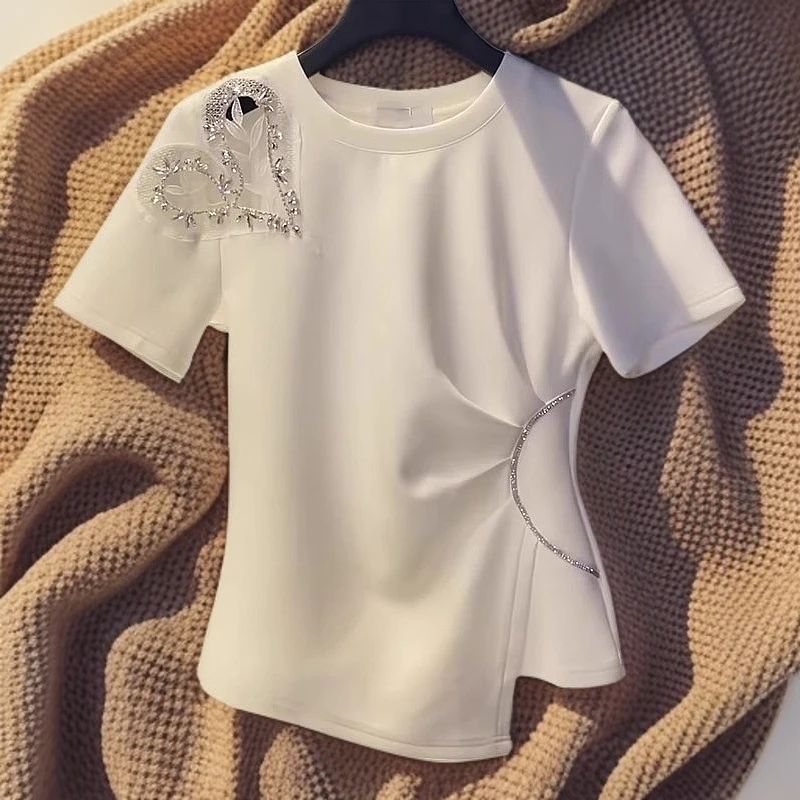 白色爱心镂空镶钻短袖t恤女夏季女装2025新款不规则气质显瘦上衣