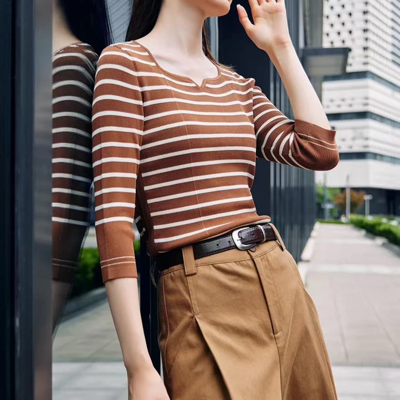 长袖显瘦针织女上衣休闲条纹衫春夏毛针织衫百搭SM377431