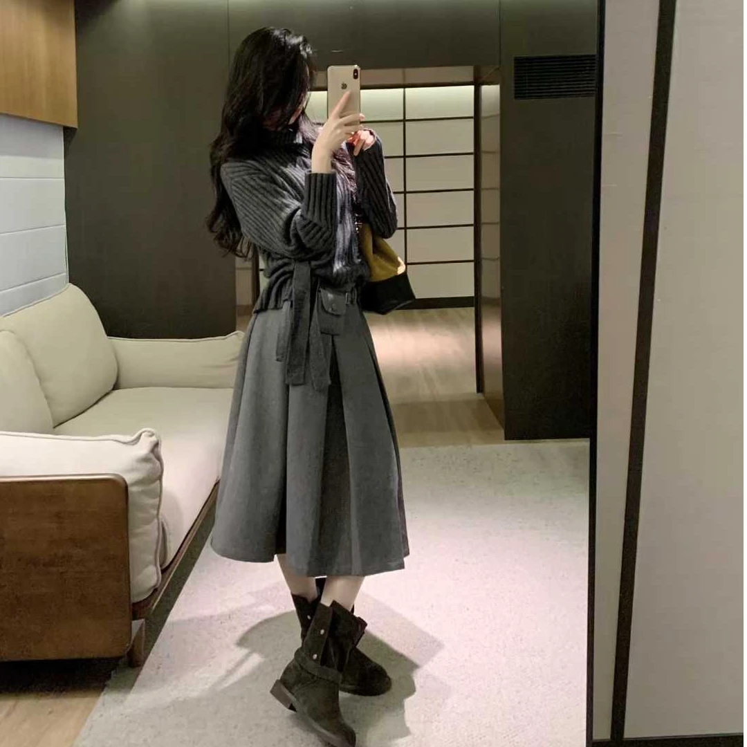 简约气质显瘦长袖针织上衣洋气休闲百搭性感辣妹半身裙时尚两件套