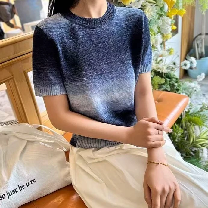 进口和纸纱渐变色纸片人罩衫高端设计渐变色短袖罩衫