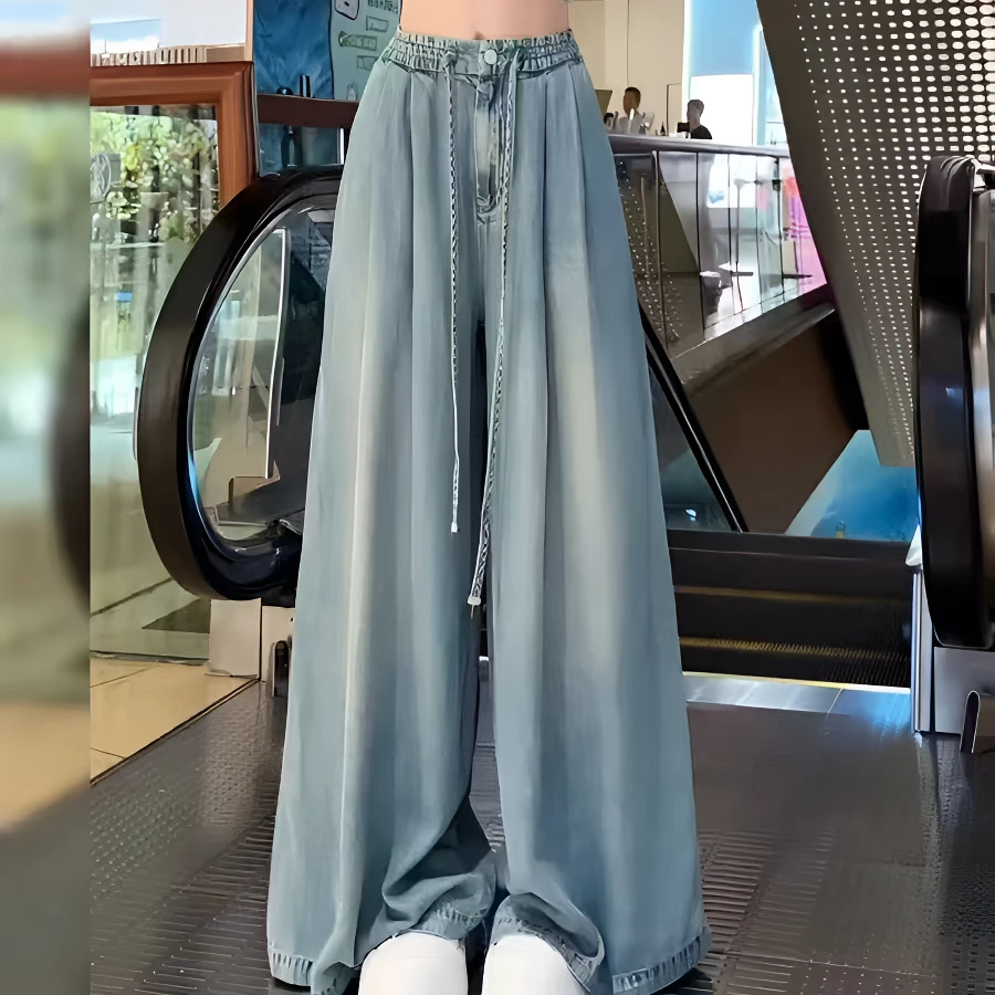 天丝软牛仔裤百搭长裤直筒裤薄款夏季运动阔腿裤磨白高腰垂感女