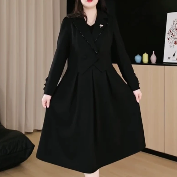 薇姐大码女装秋冬新款显瘦气质长袖时尚黑色连衣裙241330