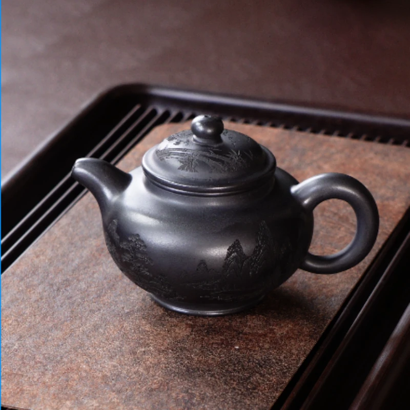 宜兴精品全手工石黄刻绘梅兰竹菊掇只壶