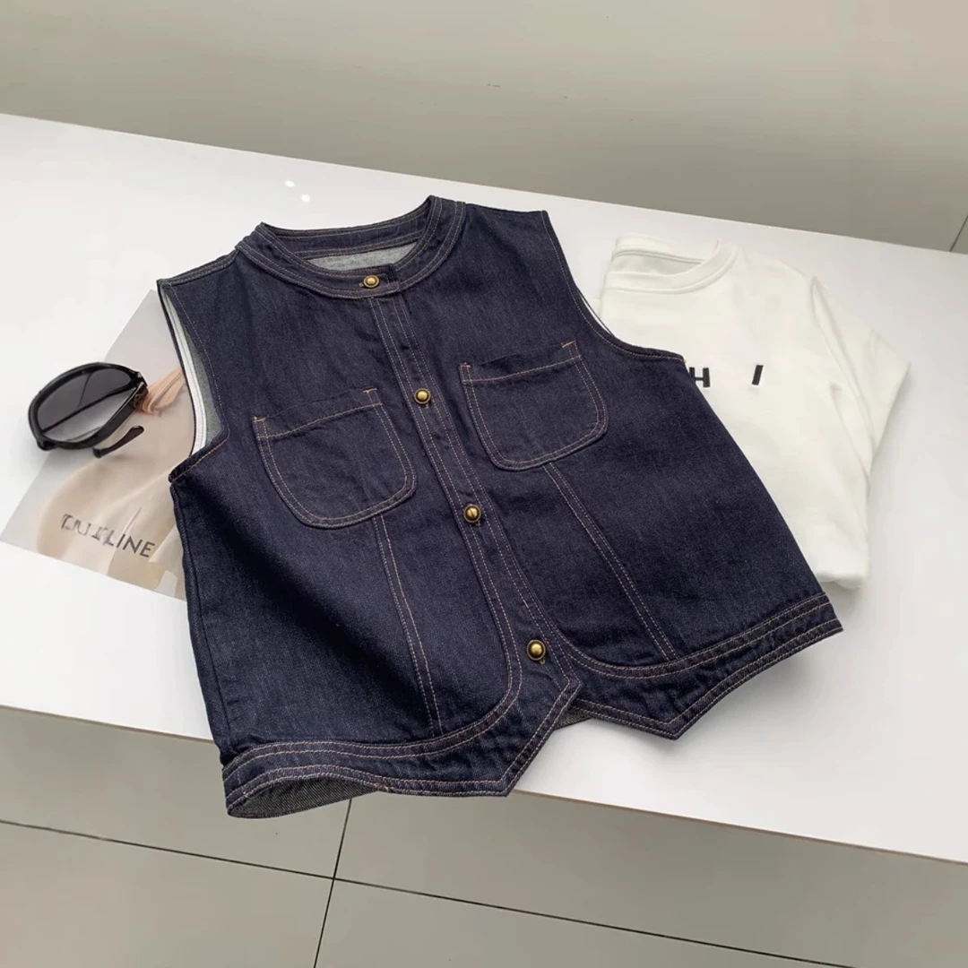 2025新款韩版 圆领复古女牛仔马甲深色无袖帅气外穿夏季上衣