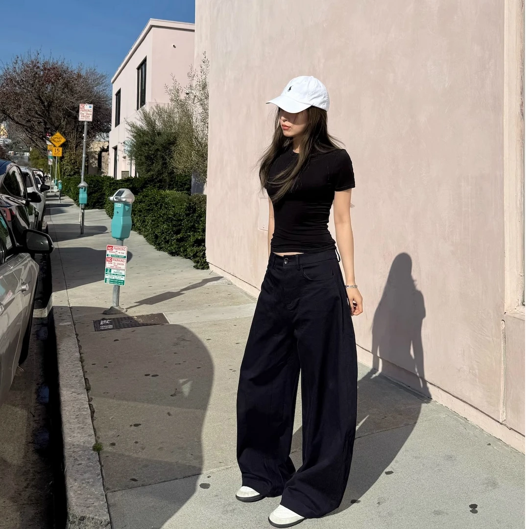 藏青黑水洗裤子女2025春季爆款高腰宽松休闲时尚风百搭阔腿长裤