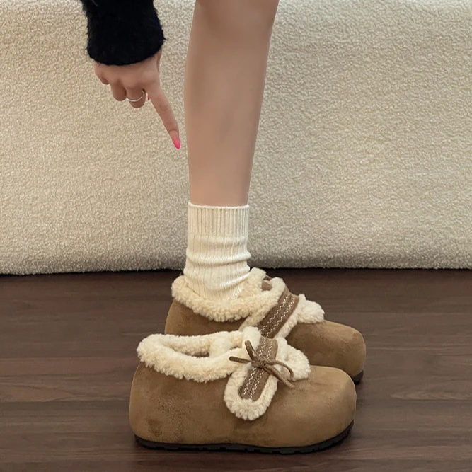 蝴蝶结增高厚底勃肯鞋女士2025冬新款保暖雪地靴复古加绒毛毛棉鞋