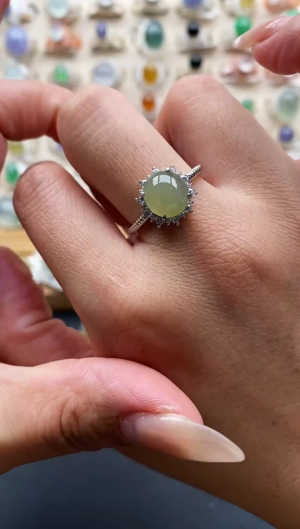 银S925镶嵌戒指翡翠缅甸天然A货翡翠1  10-8