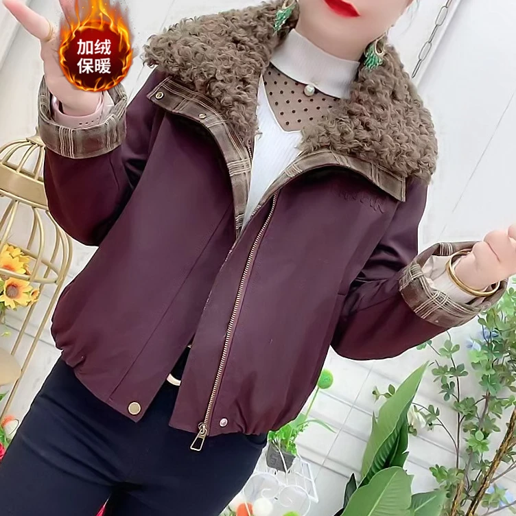 加绒加厚外套女短款2025冬季新款格子拼接时尚洋气显瘦休闲棉服女