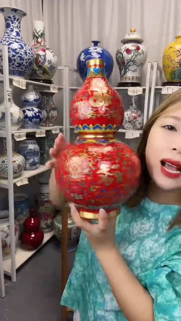 摆件景德镇掐丝珐琅彩红葫芦带底座