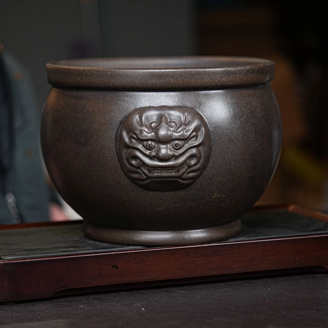 原矿紫砂水洗石黄兽首茶道茶洗缸器具