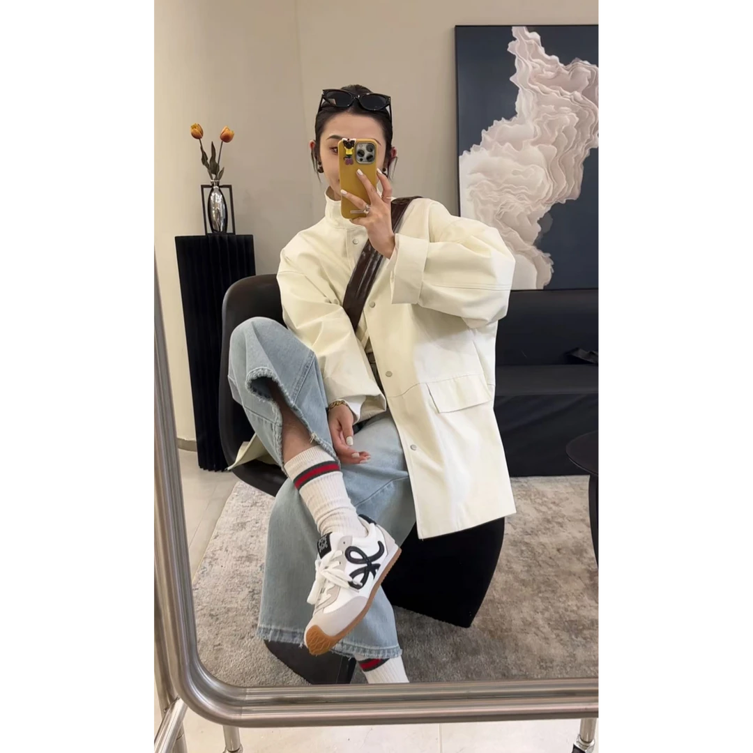HM2025时尚高级感夹克上衣女春秋新款宽松别致米白色领外套