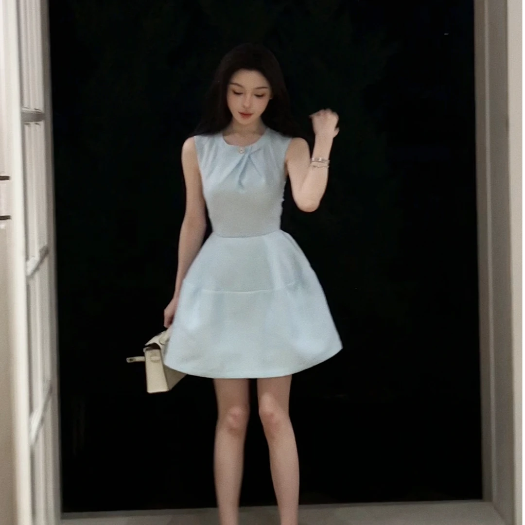 【初黎时蓝】白月光重工设计感夏季蓝色收腰合身连衣裙蓬蓬裙