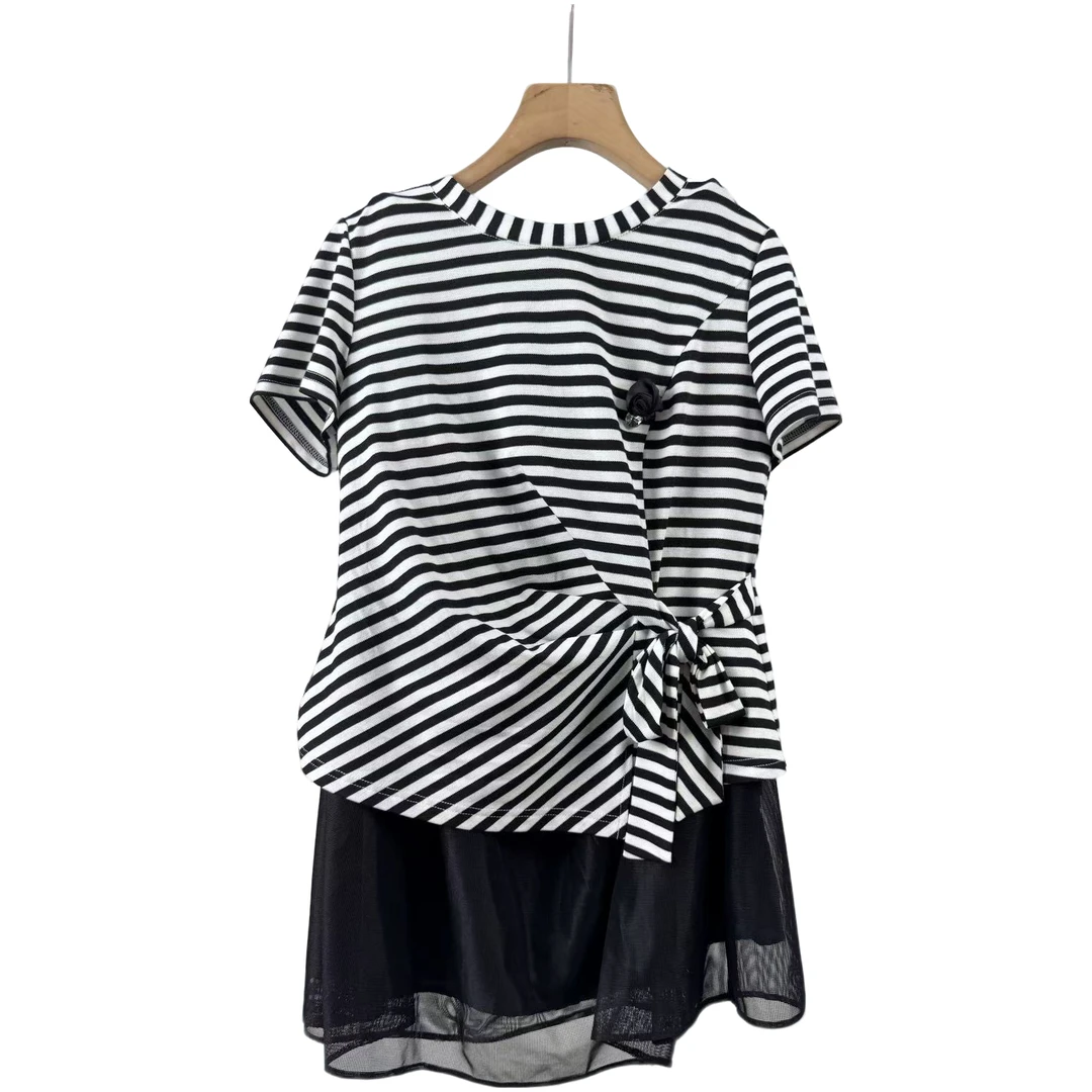 【W652黑色条纹套裙】2025优雅百搭洋气款夏季短袖套裙