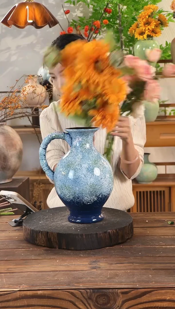 [蔚蓝海岸-圆口大肚提壶】桌面落地陶瓷花瓶干花鲜花客厅插花摆件